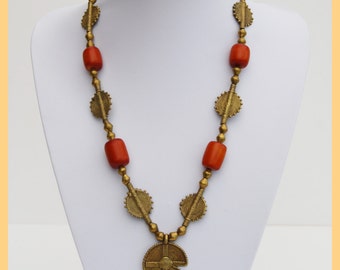 ASHANTI DOLLAR NECKLACE - Artisan African Ashanti Bronze beads & Faux amber necklace. West Africa