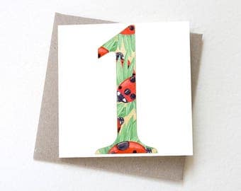 Number 1 Ladybirds // First Birthday Card, 1st birthday card, Number 1 birthday, Age card, Greeting card, Colourful card, Ladybugs