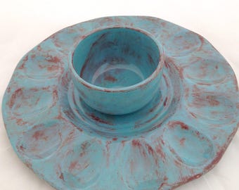 Deviled Egg Plate with Optional Condiment Bowl - Ceramic Egg Platter - Robin's Egg Blue and Brown