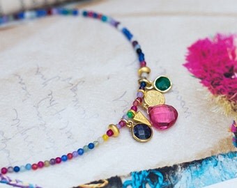 Beaded Necklace, Pink Quartz Necklace, Boho Necklace, Agate Necklace, Layering Necklace, Charm Necklace, Emerald Necklace, Lapis Necklace