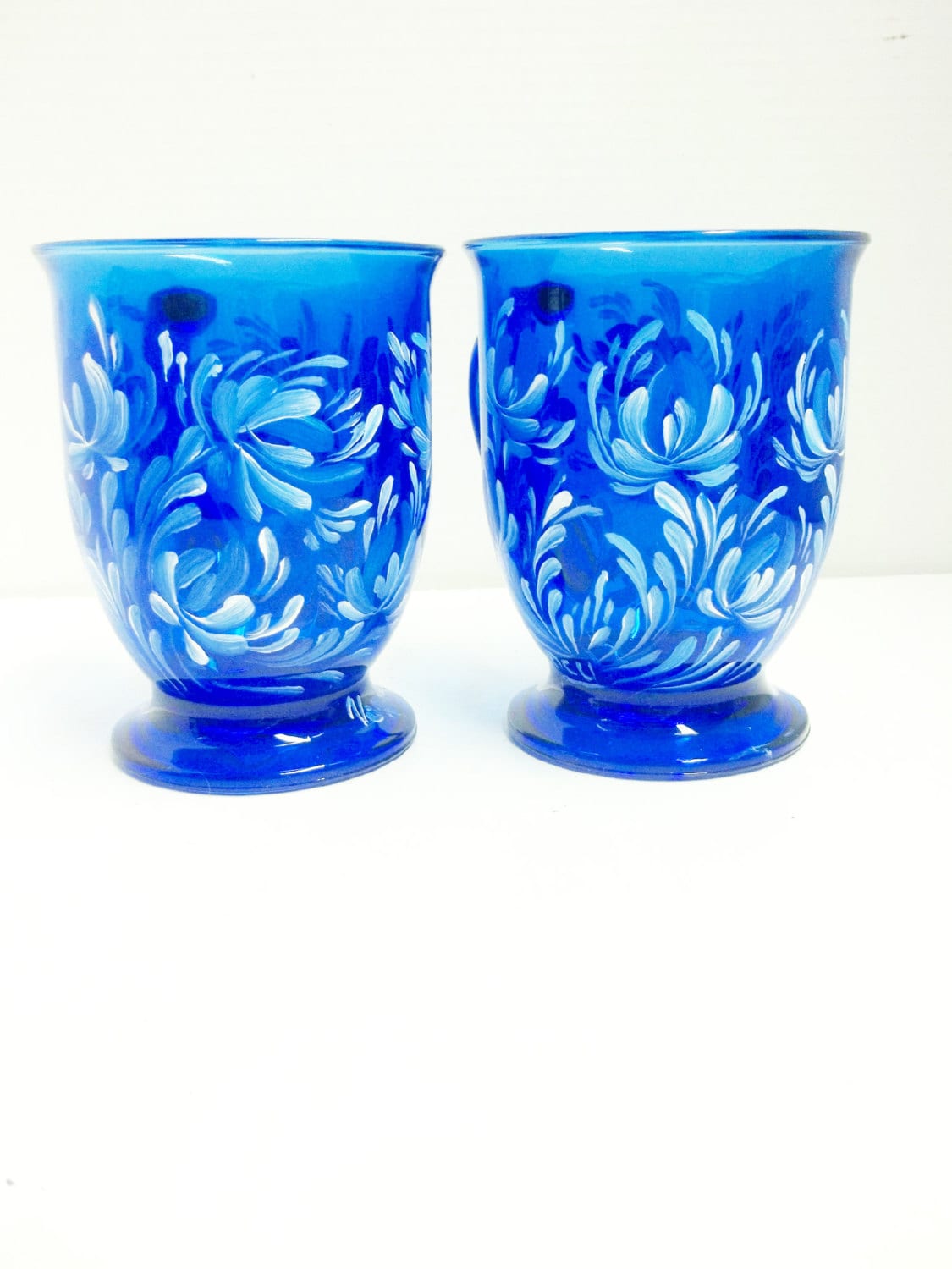 Blue Glass Mugs Coffee Mugs Coffee Cups Hand by FolkArtByNancy