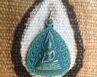Green Patina Buddha Pendant from Thailand - 1 3/8 Inches - 32 mm