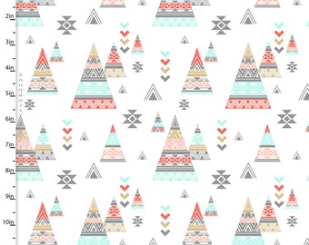 Arrow & TeePee Fabric, Kohana, 3 Wishes 11650, Southwest Quilt Fabric, Aqua, Coral, Gray, Tan, Aztec Fabric, Cotton