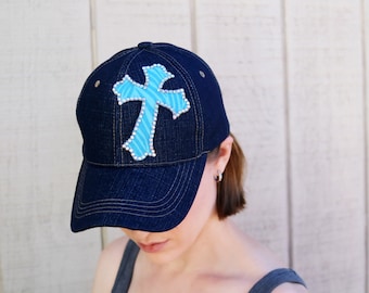Rhinestone Cross Denim Baseball Cap For Women, Blue Womens Baseball Caps, Blue Denim Cap, Rhinestone Baseball Caps, Animal Print Cross Cap