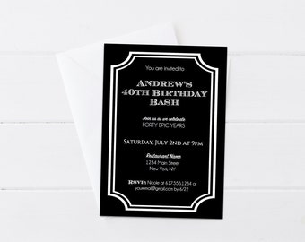 Black & White Birthday Invitation, Any Age, Black Formal Birthday Invite, 40th, 30th, 50th, 60th, 4x6 or 5x7- Printable, Digital File