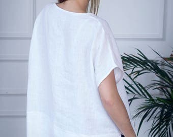Oversized linen top, white linen shirt, linen top for women, linen tunic top
