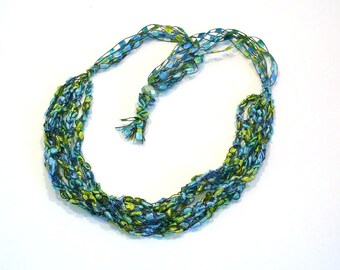 Aqua and Lime Ladder Yarn Necklace, Handmade Fiber Necklace, Crochet Choker, Vegan Jewelry, Crocheted Ribbon Necklace, Ready to Ship