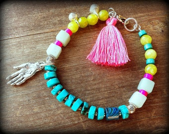 Fortune teller, palmistry hand bracelet, hot pink tassel bracelet, turquoise boho bracelet, hippy jewelry, bell bracelet, summer fashion