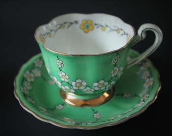 1920s Noritake Green Tea Cup and Saucer with White Flowers China Porcelain