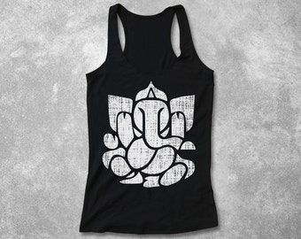 Women Yoga Tank Top Ganesh Elephant Fitted Racerback Vintage Distress pass through effect Tank Meditation Rayon Stencil hand screenprint