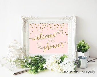 PINK and GOLD BABY Shower Decorations , Welcome To Shower , Confetti Welcome Baby Shower Sign , Gold Glitter , Printable , Instant Download