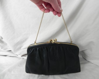 1960's or 1970's Black Leather Two Compartment Clutch Purse Handbag by Ande'
