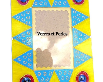 Setting blue and yellow, yellow and blue coaster, wearing ethnic frame, glass handpainted, unique, photo frame