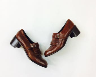 Brown leather loafers 8 heeled leather loafers 8 brown leather shoes womens 8 loafers 90s black heel 8 Womens size 8 square heel 8 preppy