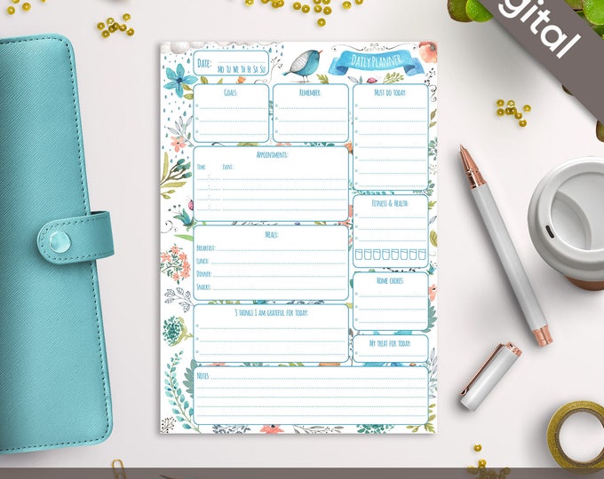 A5 Daily Planner Printable, Filofax A5 printable refills, Daily Schedule, Meals, To Do, Arinne Blue Bird DIY Planner PDF Instant Download
