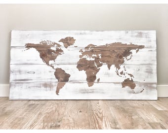 Rustic Wood World Map, Rustic Decor, Farmhouse Decor, Rustic Nursery Decor, Wall Decor, Wooden White World Map - 46 x 22