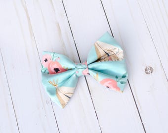 Teepee Hair Bow, Boho Hair Bow, Fabric Hair Bow, Floral Hair Bow, Girl's Accessory, Blue Hair Bow, Baby Headband, Native American Hair Bow