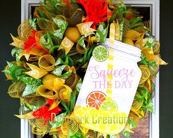 Spring wreath, Summer wreath, Mason jar wreath, Lemonade wreath, Front door wreath