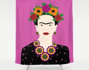 Frida Kahlo Shower Curtain-Cool shower curtain-Fuchsia shower curtain-Designer modern bathroom decor-Modern Shower Curtain-Colourful bath
