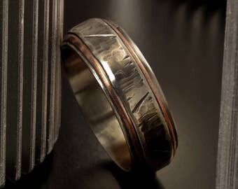 Bark Silver Men's Ring, Two tone silver copper ring, Men's Wedding Band, Bark Silver Ring, Man's unique wedding Ring, Textured Ring, RS-1212