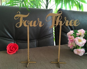 Wooden wedding table numbers on sticks, Script table numbers, Freestanding table numbers with base, Flower arrangement table numbers