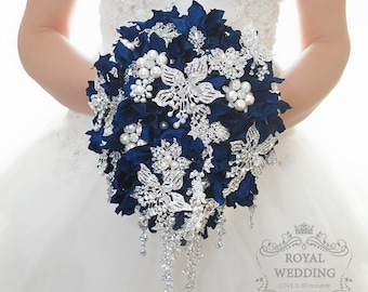 Blue Wedding Bouquet Brooch Bouquet Cascading Bouquet Bridal Bouquet Bridesmaids Bouquet Navy Blue Bouquet Custom Bouquet Hydrangea Bouquet