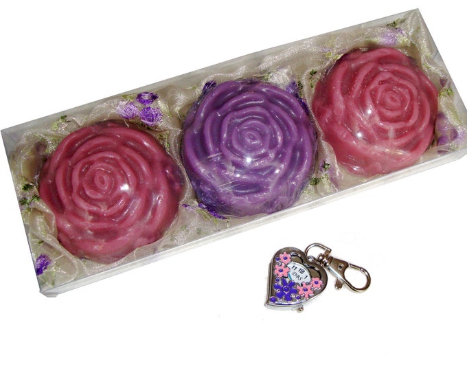 Exclusive purple gift, Luxury Soaps Gift, Fashion Heart Pocket Watch Key Ring, Spring Shopping, Flower Glycerin Soaps, Gift for young lady