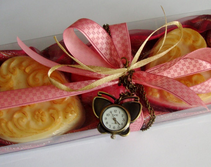 Modern Design Original Pink Gift for Her, Luxury Fine Soaps Gift, Butterfly Pendant Watch, Heart Glycerin Soap, Gift for young lady