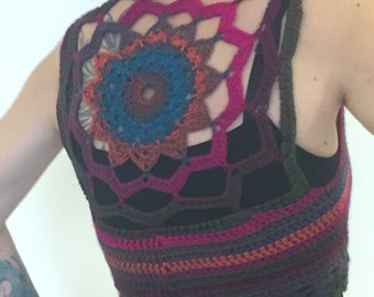 crochet mandala vest , festival mandala vest, crochet pixie vest, size S/M