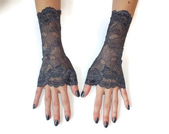Lace Fingerless Gloves\Grey Blue lace gloves\ Fingerless Gloves\ Lace Gloves\ Gloves\Cuff Lace Gloves\Fashion Trend