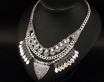 Bohemian Statement Necklace - Silver Boho Tribal Necklace - bohemian silver necklace