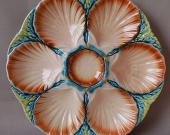 Georgous French Sarreguemines Majolica Scalloped Oyster Plate - French Antique Scallop 6 Shell Jacques Plate - Seafood Plate