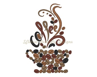 Coffee bean cup machine embroidery design- 3 sizes 4x4", 5x7", 6x10"