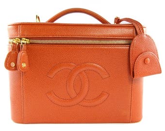 Chanel Vintage Orange Caviar Leather Beauty Case c. 2000s