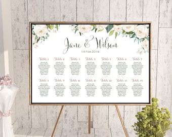 White Flower Printable Custom Wedding Seating Chart, Wedding Seating Poster, Wedding Chart Sign, Wedding Seating Board - TH61 dd WC141