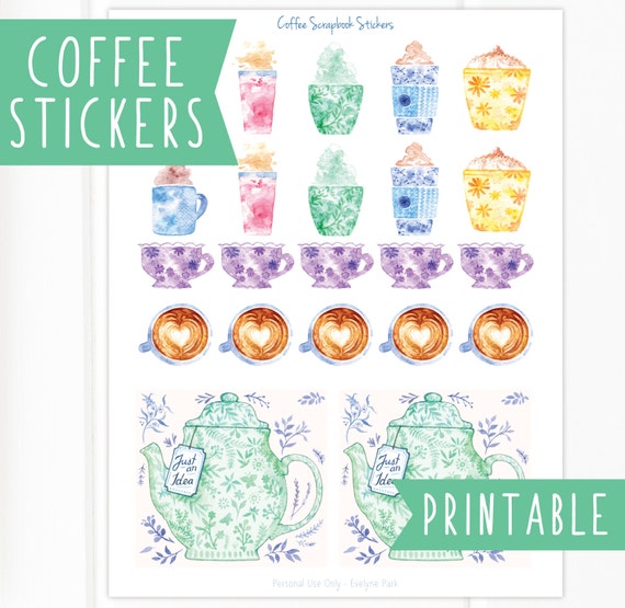 Coffee Scrapbook Stickers Printable | Watercolor Tea & Coffee Cups ...