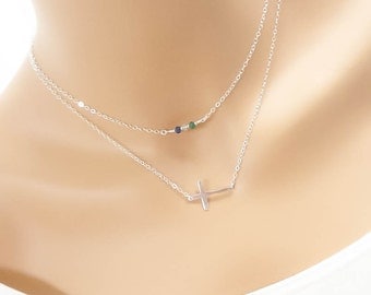 Layered necklace set of 2, Birthstone Necklace, Layering Sideways Cross Necklace, Everyday Layering Necklace, Personalized Necklace
