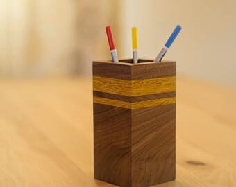 Wooden Pen Holder and Pencil Holder Made from Movingui and Walnut Wood