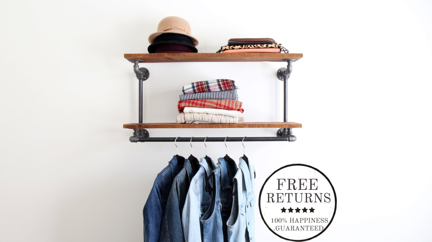 Industrial pipe clothing rack with double shelf by Hisbrand