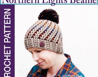 Crochet Hat Pattern - Northern Lights Pom Pom Hat Crochet Pattern - Crochet Beanie Pattern - Adult Sizes