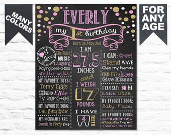 Printable Confetti First Birthday chalkboard sign 1st birthday party sign milestone poster banner chalk board pink gold girl or boy (319)