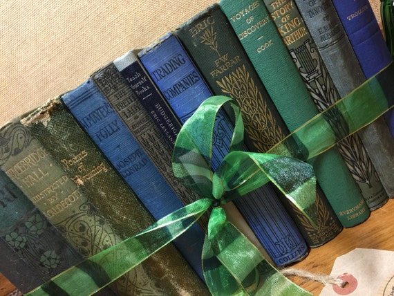 GREEN and BLUE Vintage Book Collection - Old Books Decoration - Foot Long 11-13 Shelf Staging - OCEAN colours Home Decor - Custom Sourced