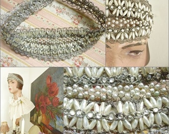 Simply divine and very rare, 1910-1920 headband, tiara, woven from real silverband with mother-of-pearl, France....CHARMANT!