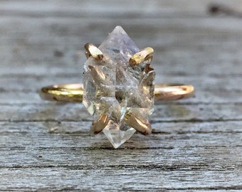 Diamond Crystal Point ring, Herkimer Diamond Ring,Raw Diamond Crystal Engagement Ring, 14k gold filled prong setting, Conflict Free