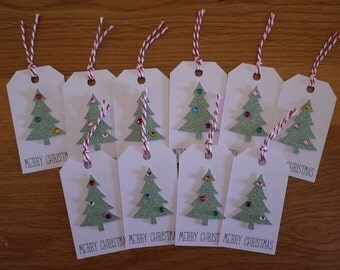 Handmade Christmas gift tags, present tags, Gift Wrapping Pack of 10 - choose from Christmas Trees, Baubles, Snowflakes, Holly or Stars
