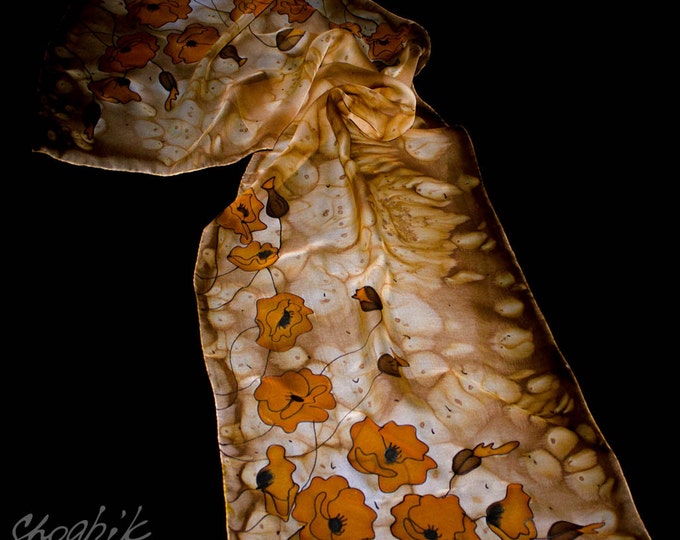 Handmade Batik Silk Scarf - Hand Painted Poppy - Armenian After Work - Red, Black, Pink, Smoky, Brown, Orange