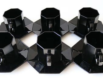Arcoroc octime octagonal black glass tea cups & saucers