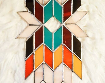 Geometric Wall Art, Abstract Art, Stained Glass Panel, Tiffany, Suncatcher, Mid Century Modern, Art Deco, Boho, Tribal, Aztec, Feathers