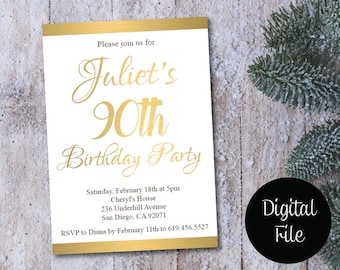 90th Birthday Invitation/Printable Gold & White Birthday Invitation/e-card invitation/Template/Birthday Invitation/ninetieth birthday