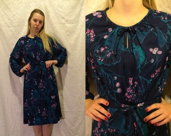 1970s Navy Pink Floral Midi Day Dress W/Bishop Sleeves Size S-L